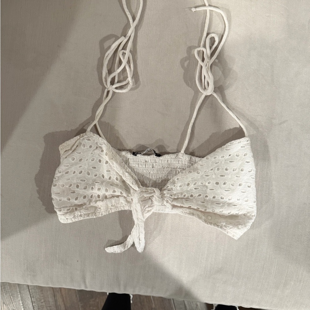 Zara White Eyelet Tie-Back Crop Top